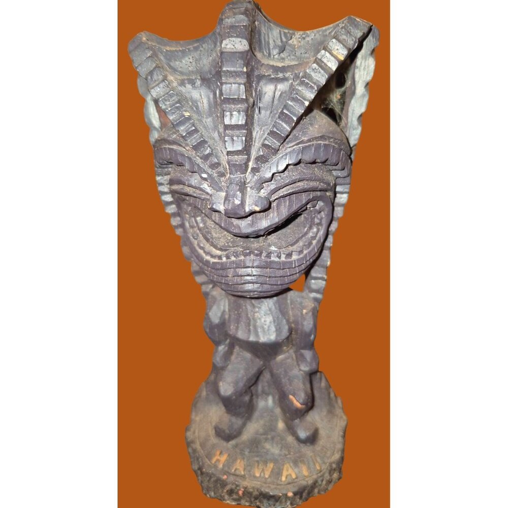 Vintage Hand-Carved Wooden Hawaiian Tiki Figurine With Intricate Details & Base